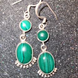 Genuine Silver Malachite Double Dangle Earrings 