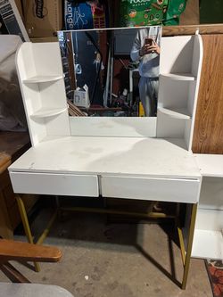 White Vanity Desk with Mirror and Drawers