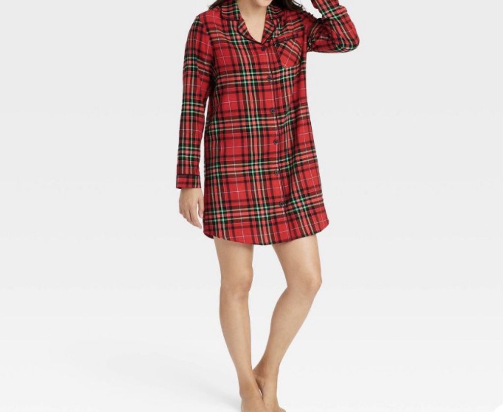Women's Holiday Tartan Plaid Flannel Matching Family Pajama NightGown - Wondersh