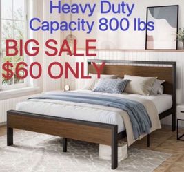 BIG SALE FULL Size Bed Frame, Heavy Duty Metal Platform Bed with Wooden Headboar