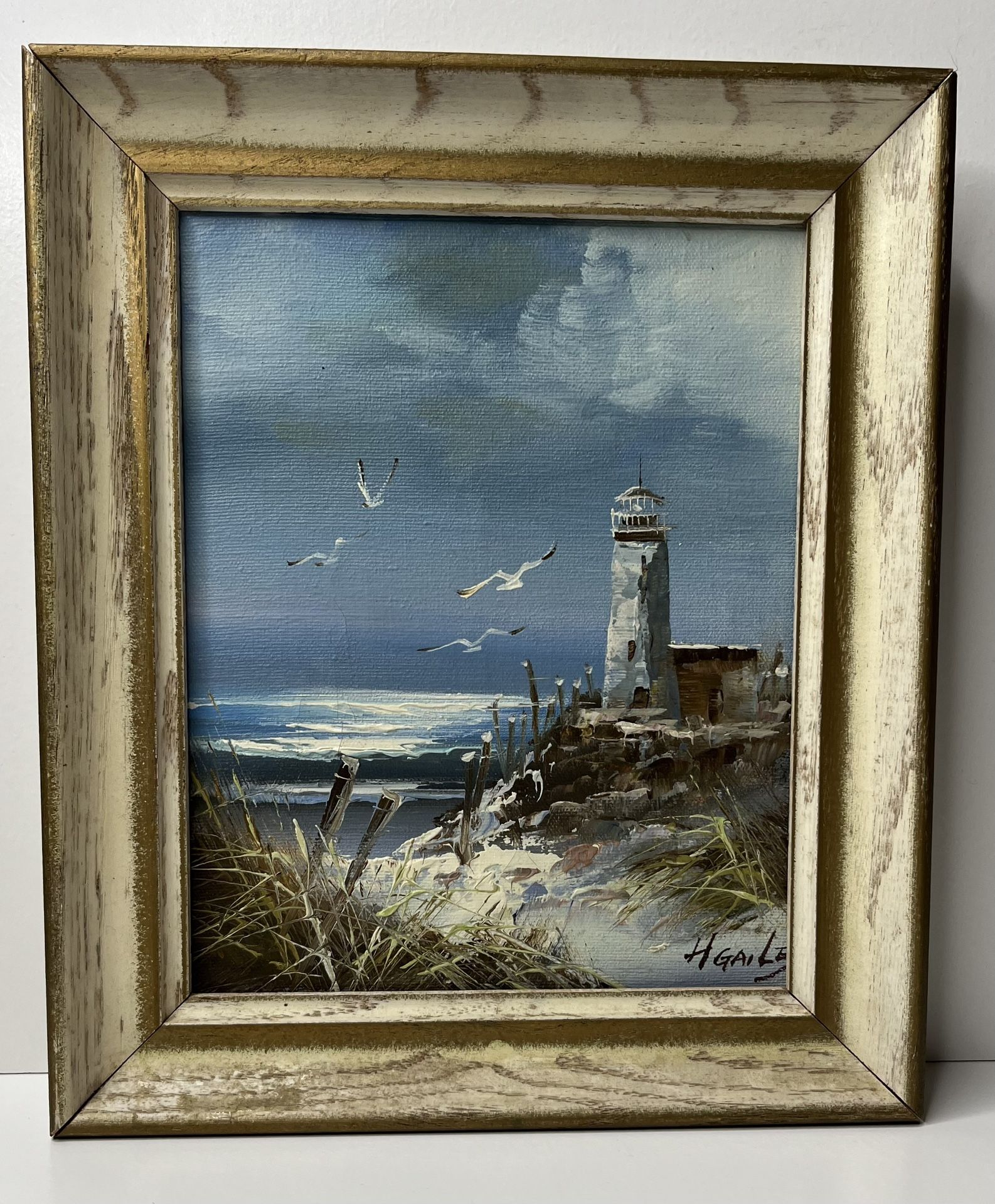 Vintage Signed H. Gailey Framed Oil On Canvas Seaside Lighthouse 10-1/4” W X 12” H