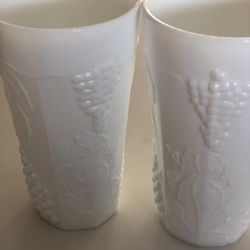 SET of  2 Vintage Indiana Colony HARVEST GRAPE White Milk Glass Tumblers 6"