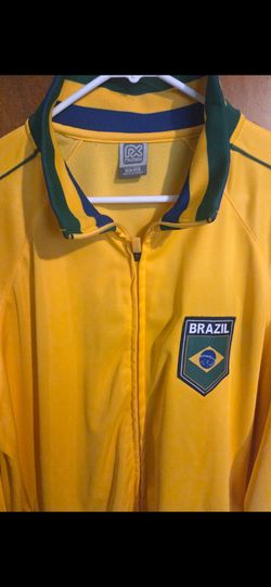 Brazil Rhinox Adult Men's Yellow/Blue Zipper Track Jacket, featuring a bright yellow body with a green and blue collar and a Brazil shield patch on th