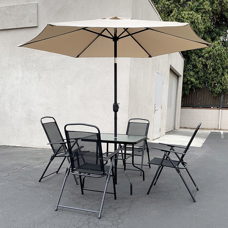 (Brand New) $140 Outdoor 6pcs Patio Set with 32x32” Table, 4pc Folding Chairs and 10ft Tilt Umbrella 