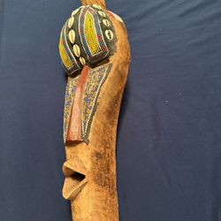 Wooden African Tribal Mask Cowrie Bead Detail Handmade Kenya Open Mouth Carving