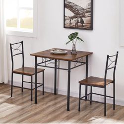 3-Piece Kitchen Dining Room Table Set for Small Space - Retro Square Kitchen Dinette Table & Chair Sets for 2 with Wood Top and Metal Frame for Apartm