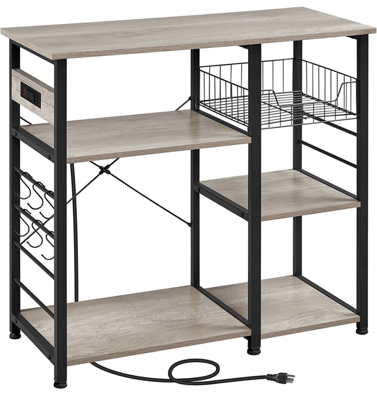 4-Tier Baker's Rack with Power Outlet, Microwave Stand Coffee Bar with Wire Basket and 6 S-Shaped Hooks, Durable Kitchen Storage Shelf Ample Storage K