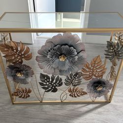 Modern Gold Console Table w/ Mirror Top – Floral Metal Design (39”)