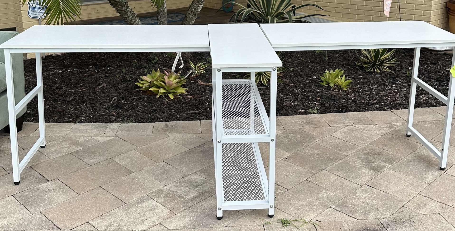 White Metal Two-Person Desk With Shelves