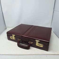 Burgundy Leather Combination Locked Briefcase Attache Business Luggage Travel


