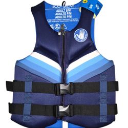 Navy life vest by Body Glove. Features white accents and secure black straps.