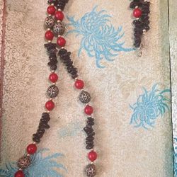 VintageMulti Gemstones Beads  Red Coral, Amethyst & Feligree Gold Beads Necklace