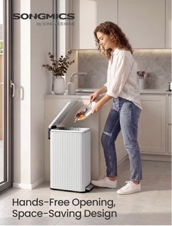 Trash Can, 13 Gallon (50 L) Slim Garbage Can for Kitchen, with Soft-Close Lid, Pedal, Removable Inner Bucket, Stainless Steel, 15 Trash Bags, Space-Sa