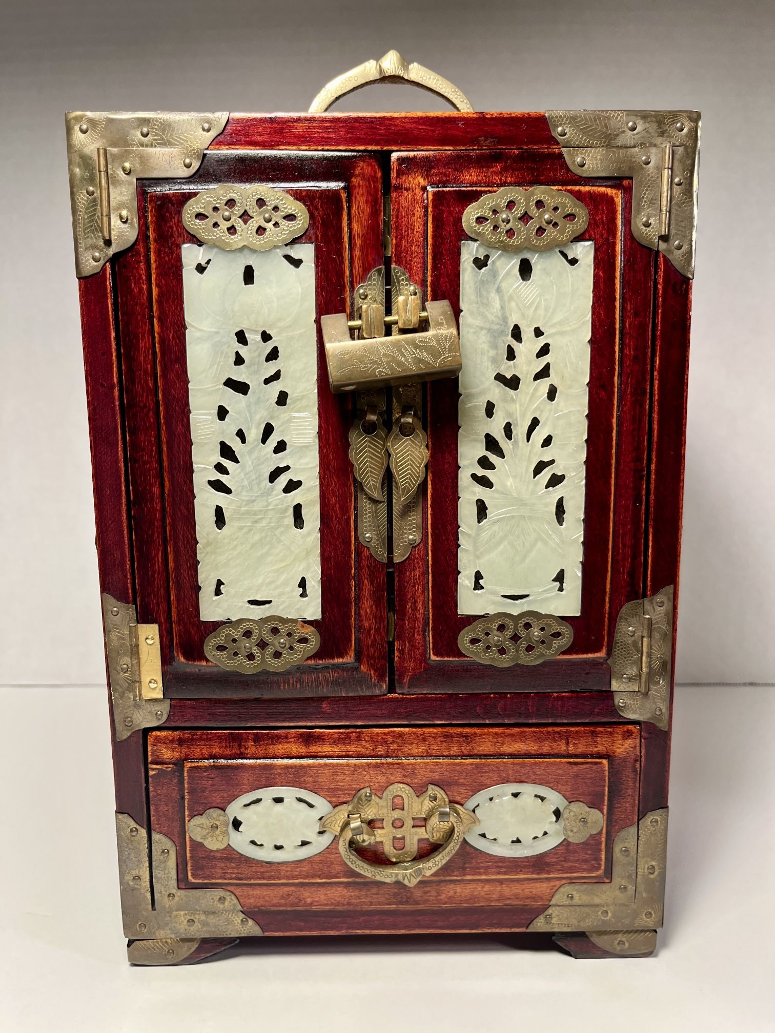 Republic Period Chinese Carved Wood Jewelry Box With Jade Inlays Brass Hardware