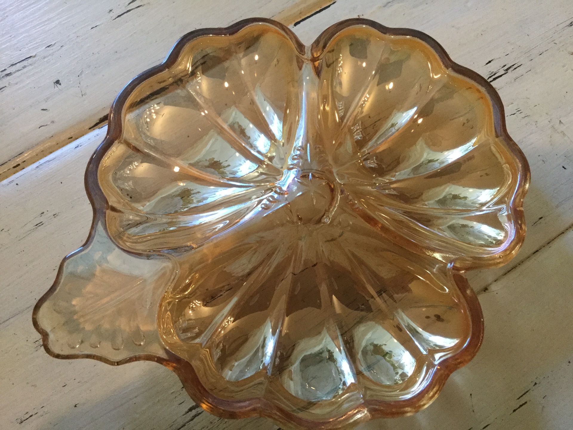 1950s JEANETTE GLASSWARE 3 LEAF CLOVER GOLD IRIDESCENT LUSTERWARE CANDY DISH