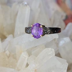 Black Rhodium Over Solid Sterling Silver Ring Size 7.5 Solitaire Amethyst Gemstone 