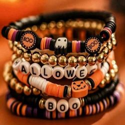 🎃 7pcs Halloween Themed Beaded Bracelet Set – Spooky Retro Pumpkin Design 🎃