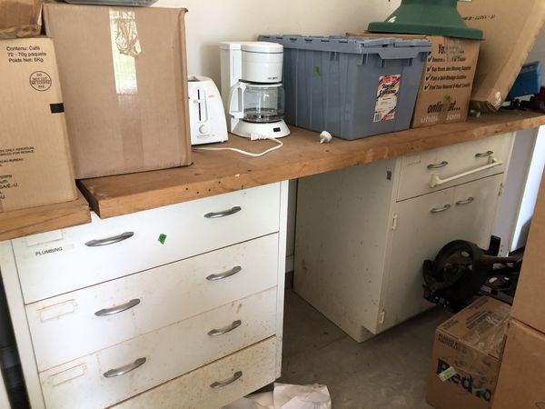 2 workbenches, solid wood tops & heavy duty metal cabinets