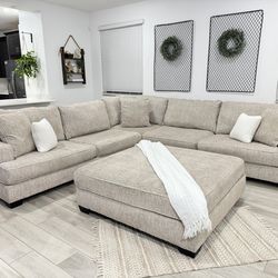 Huge Rawcliffe Beige Sectional Couch W/ Matching Ottoman