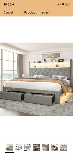 (see description)Linen Full Size Bed Frame with 2-Tier Storage Headboard and Charging Station, Upholstered Platform Bed Frames with 2 Storage Drawers,