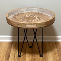 Round Distressed Washed Wood Tray Accent Table Mandala Carving On Black Metal Legs