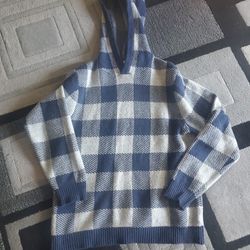 Goodfellow & Co Hooded Pullover Cardigan Mens Medium Navy Blue Plaid Banded Cuff