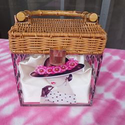Lucite and wicker box purse with bamboo handle