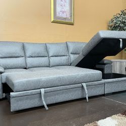 Large Gray Sectional with Pull Out Bed Ottoman