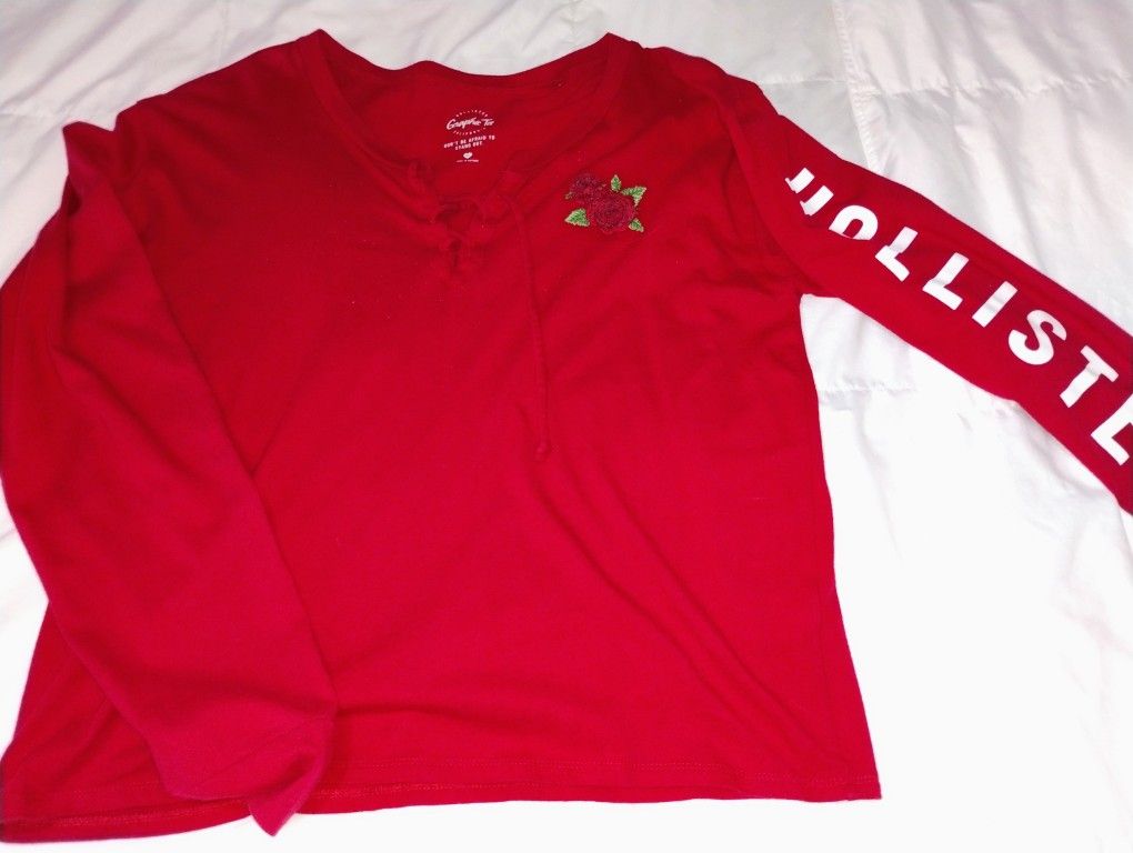 Hollister long sleeve red shirt with logo on sleeve