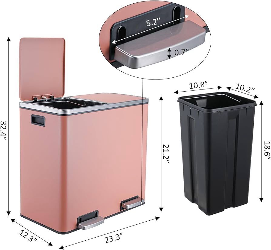 12 GallonStainless Steel Trash Can, 48L Dual Compartment, Metal Kitchen Step Recycle Bin, Metal Double Dustbin, in-Home Garbage Rubbish Can W/Removabl