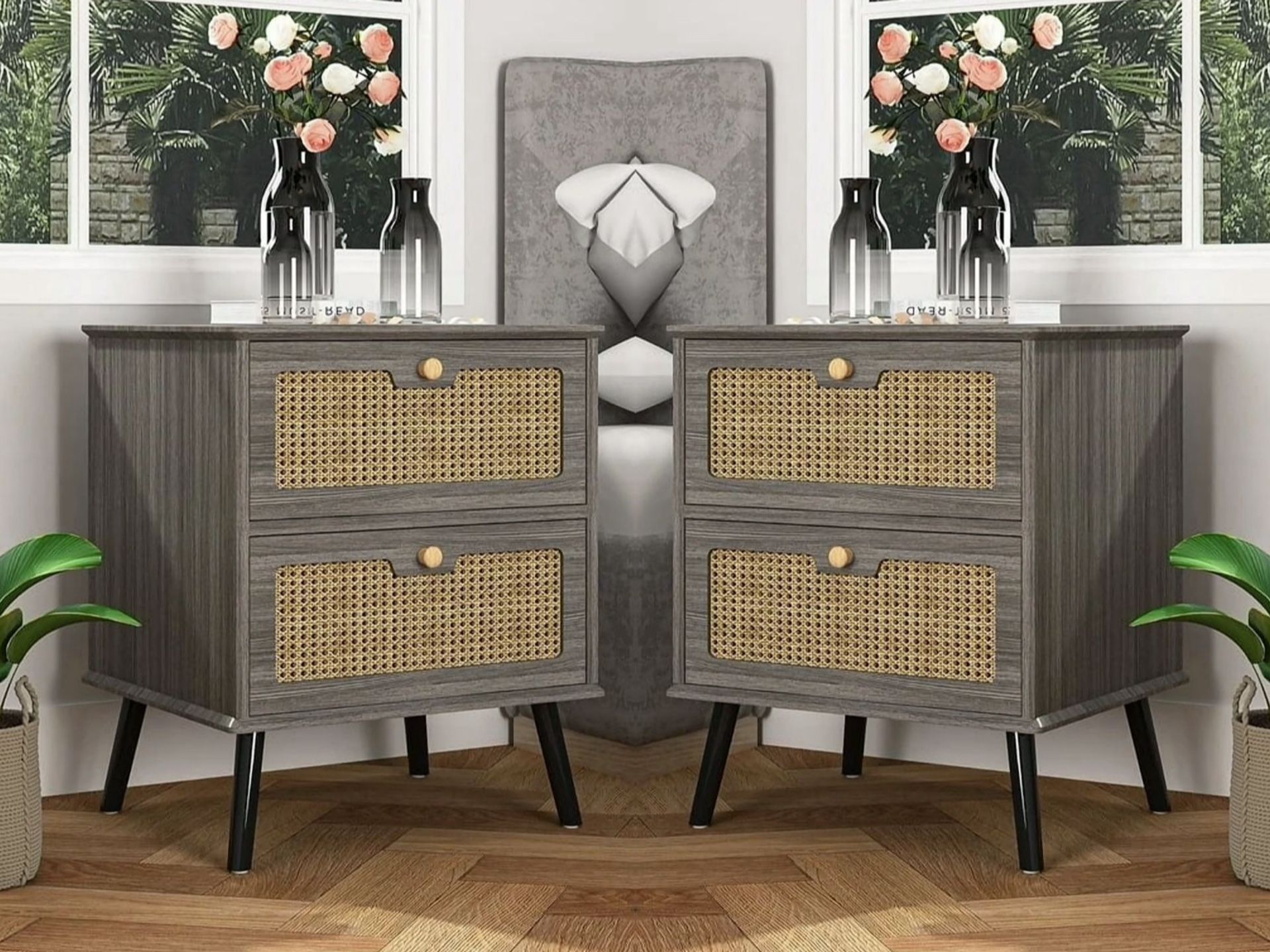 Set Of 2 Gray Rattan Nightstands w/ 2Drawers [NEW IN BOX] **Assembly