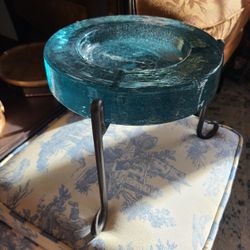 Aqua Seeded Hand made Art Sea glass Bowl Plate iron Stand Boho MCM Yellowstone