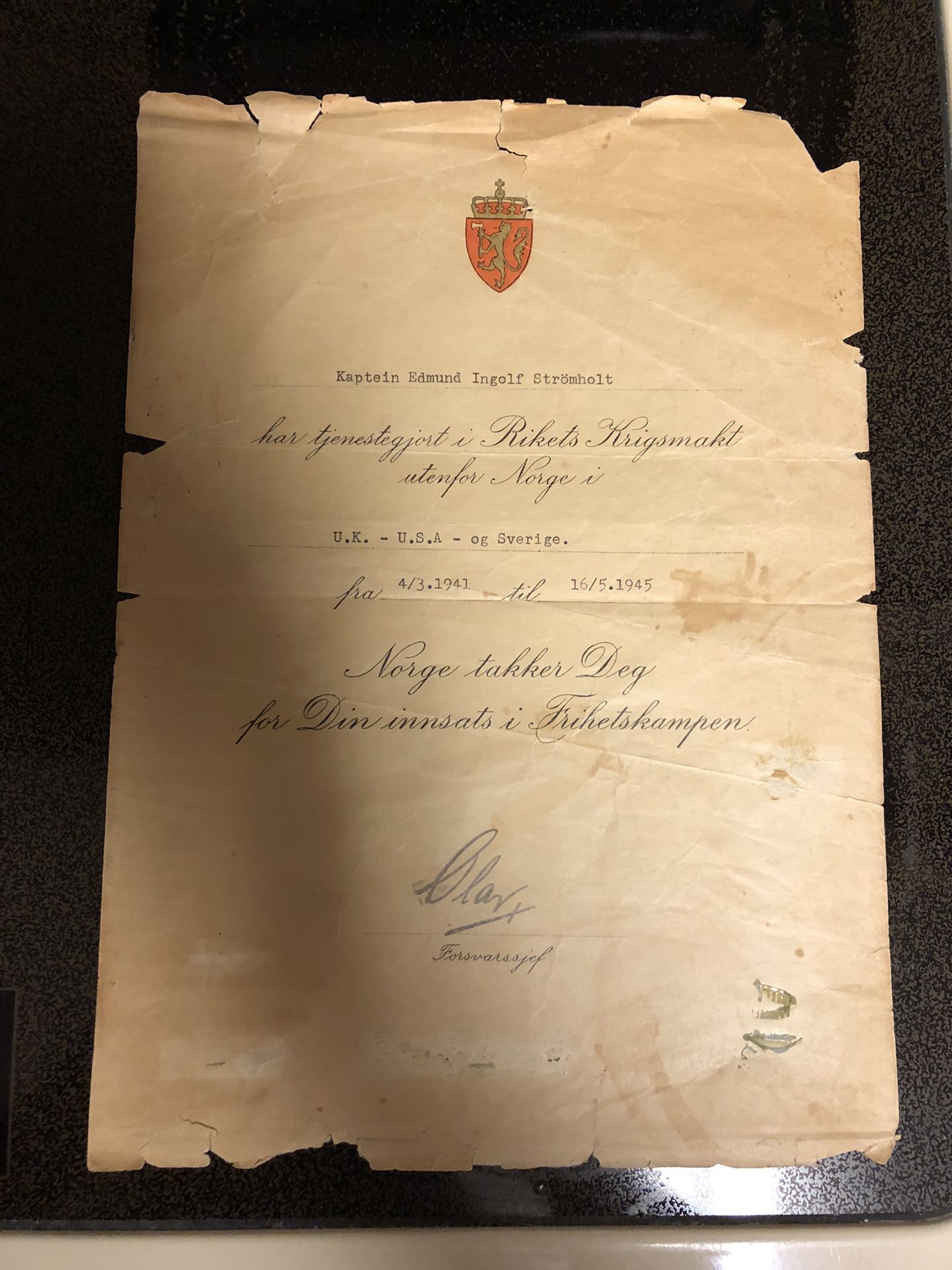 King of Norway Signed WWII Military Document