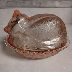 Pink Glass Sleeping Kitten Dish