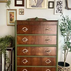 1930's olive green Art deco waterfall dresser with walnut and gold accents