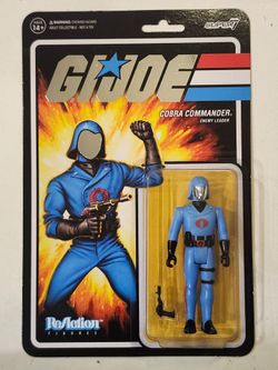 FOIL CARD. SUPER 7 REACTION FIGURES. G.I.JOE. COBRA COMMANDER  VAC METAL FACE VARIATION. 3.75 " ACTION FIGUTE.