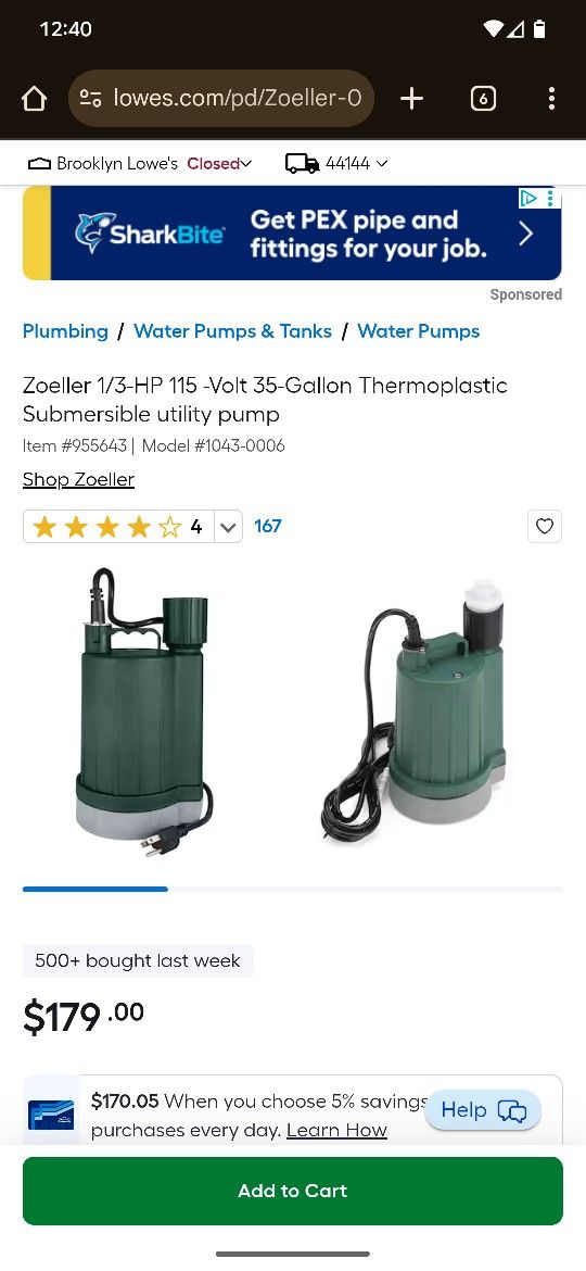 New Zoeller 1/3-HP 115 -Volt 35-Gallon Thermoplastic Submersible Utility Pump