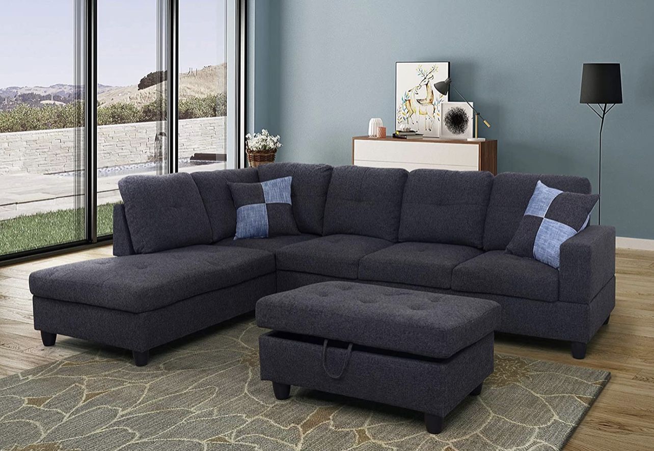 Black Gray Sectional Couch Ottoman Fabric Linen
