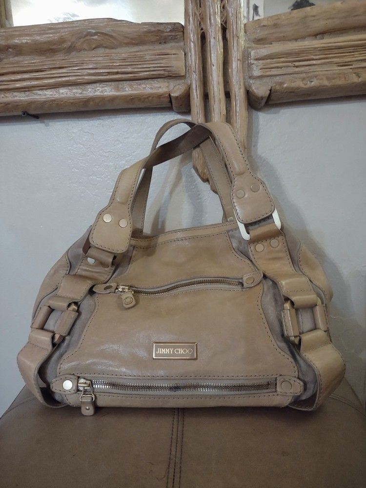 JIMMY CHOO tan beige Italian Leather Malena Large Satchel Shoulder Bag Handbag
