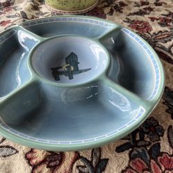 Brushes K.I.C. Hand Painted, Large Relish Serving Bowl "Desk Chair" Design Light Blue Pattern Collection Stonemite