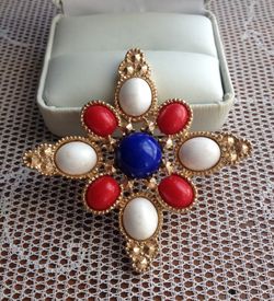 Vintage Sarah Coventry Red White & Blue Maltese Cross Brooch Pin