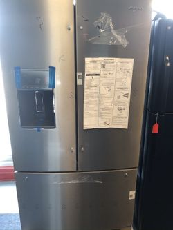 Brand new scratch and dent whirlpool stainless steel French door fridge 27 cu ft. 1 year warranty