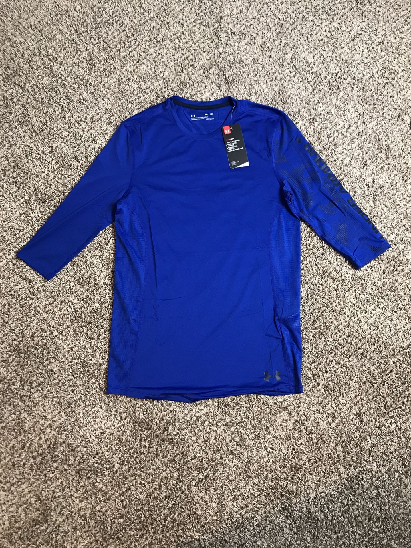 UNDER ARMOUR NWT Mens Size S Blue HeatGear 3/4 Sleeve Athletic Shirt New with tags