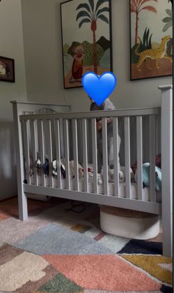 Gray Pottery Barn Kids Kendall crib with Convertible Crib Toddler Bed Conversion Kit