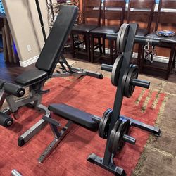 Weight Bench, Weight Rack, Curling Bar And Weights