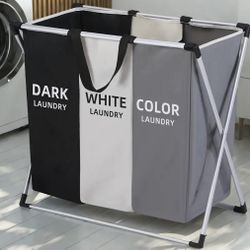 3 Section Foldable Laundry Hamper Basket Sorter Clothe Storage Bag