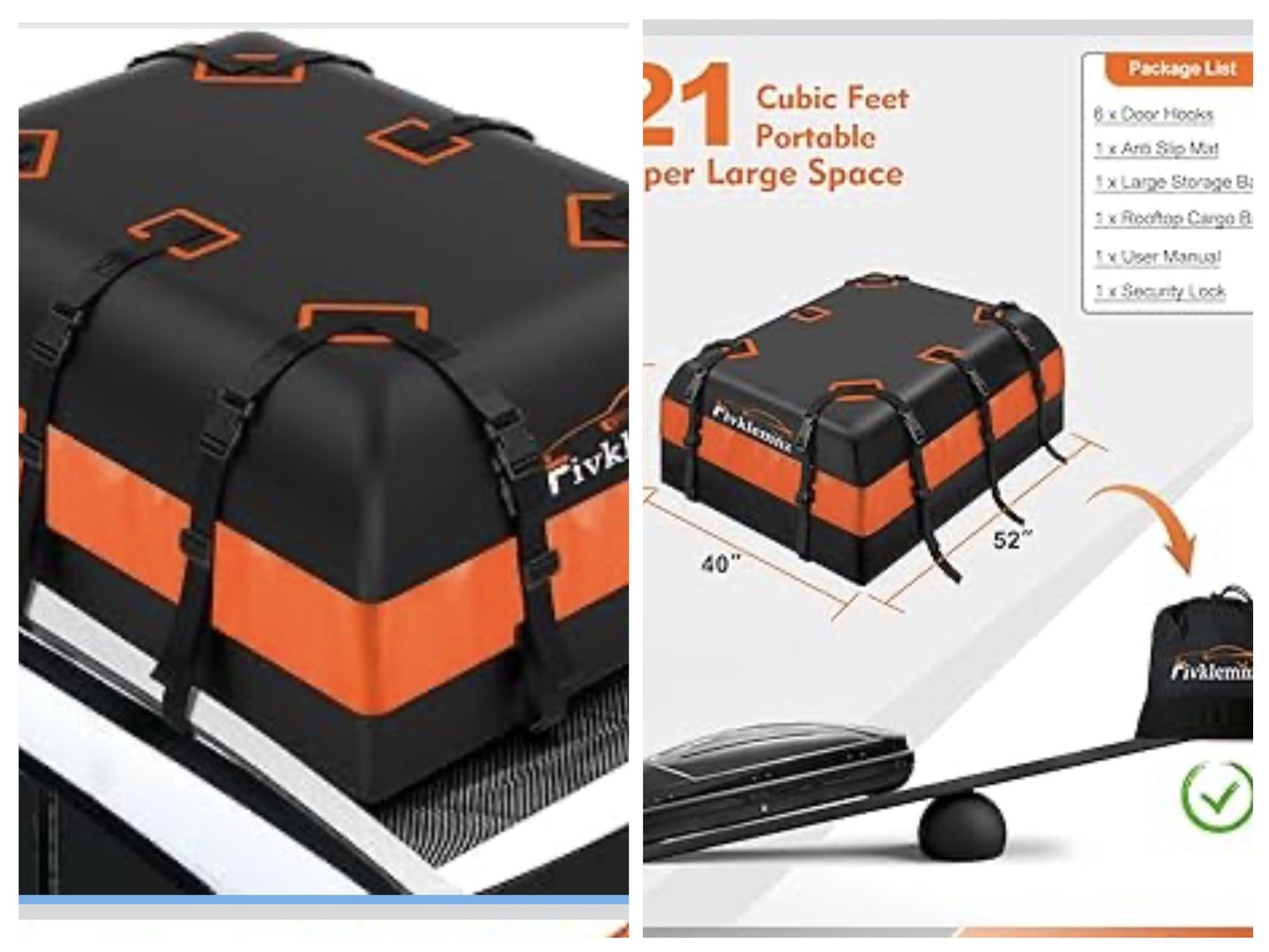 FIVKLEMNZ 21 Cubic Car Rooftop Cargo Carrier Roof Bag Waterproof for All Top of Vehicle with/Without Rack Includes Topper Anti-Slip Mat + Reinforced S