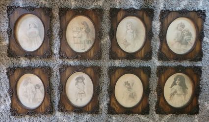 Rare Set of 8 Vintage R. Hendrickson Doll Prints – 1970s Ornate Victorian Oval Frames