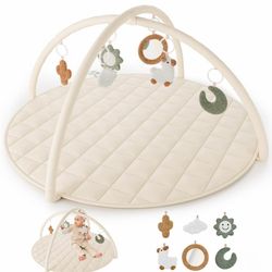 Baby Play Gym & Tummy Time Mat - Soft Cotton Mat with 6 Toys for Boys/Girls - Stylish Activity Playmat for Infant Development & Playroom Decor