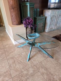 Rustic Southwest Style Base With Glass Top Coffee Table 